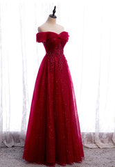 Strapless Dress, Burgundy Lace Long Prom Dresses, A-Line Off the Shoulder Evening Dresses