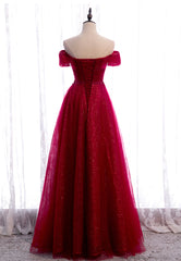 Cocktail Dress Prom, Burgundy Lace Long Prom Dresses, A-Line Off the Shoulder Evening Dresses