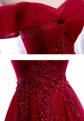 Prom Inspo, Burgundy Lace Long Prom Dresses, A-Line Off the Shoulder Evening Dresses