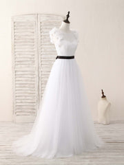 Party Dresses Jumpsuits, White A-Line Lace Tulle Long Prom Dress, White Evening Dress