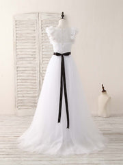 Party Dresses And Jumpsuits, White A-Line Lace Tulle Long Prom Dress, White Evening Dress