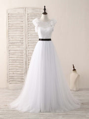 Prom Dress 2036, White A-Line Lace Tulle Long Prom Dress, White Evening Dress