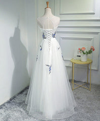 Evening Dress 1932S, White A-Line Tulle Long Prom Dress, White Evening Dress