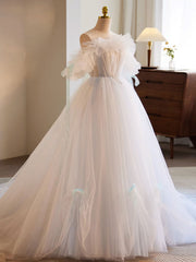 Homecomming Dress Vintage, White A-Line Tulle Long Prom Dress, White Formal Dress