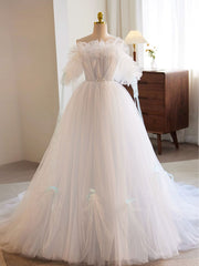 Homecomeing Dresses Vintage, White A-Line Tulle Long Prom Dress, White Formal Dress