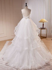 Prom Dresses V Neck, White A-Line Tulle Long Prom Dress, White Tulle Sweet 16 Dresses