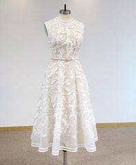 Homecoming Dress Modest, White High Neck Tulle Lace Prom Dress, Lace Formal Party Dress