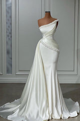 Party Dress Couple, White Long Mermaid One Shoulder Satin Beads Formal Prom Dresses