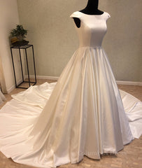 Evening Dresses Mermaid, White round neck satin long prom gown, evening dress