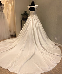 Evening Dress Lace, White round neck satin long prom gown, evening dress