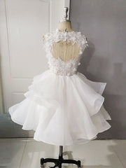 Stunning Dress, White Round Neck Tulle Lace Short Prom Dress, Puffy White Lace Homecoming Dress