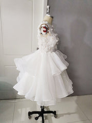 Pleated Dress, White Round Neck Tulle Lace Short Prom Dress, Puffy White Lace Homecoming Dress