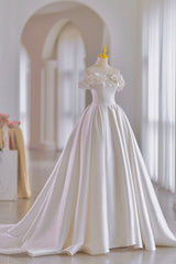 Wedding Dress Girl, White Satin Long A-Line Ball Gown, Off the Shoulder Wedding Gown