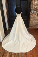 Prom Dress Stores Near Me, White Satin Long A-Line Prom Dress, White Sweetheart Neck Formal Dress