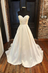 Prom Dresses Stores Near Me, White Satin Long A-Line Prom Dress, White Sweetheart Neck Formal Dress