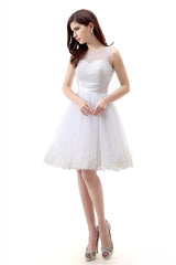 Party Dress Glitter, White Short Tulle Lace Knee Length Pearls Homecoming Dresses