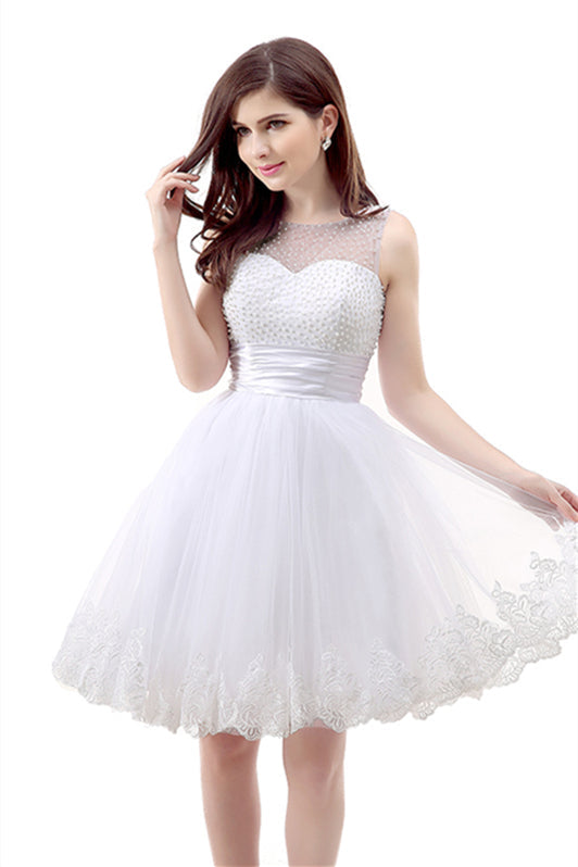 Party Dress Dames, White Short Tulle Lace Knee Length Pearls Homecoming Dresses