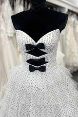 Engagement Dress, White Strapless Swiss Dot Layered Long Prom Dress