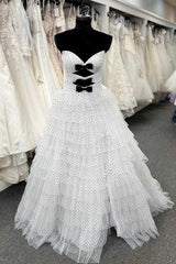 Mafia Dress, White Strapless Swiss Dot Layered Long Prom Dress