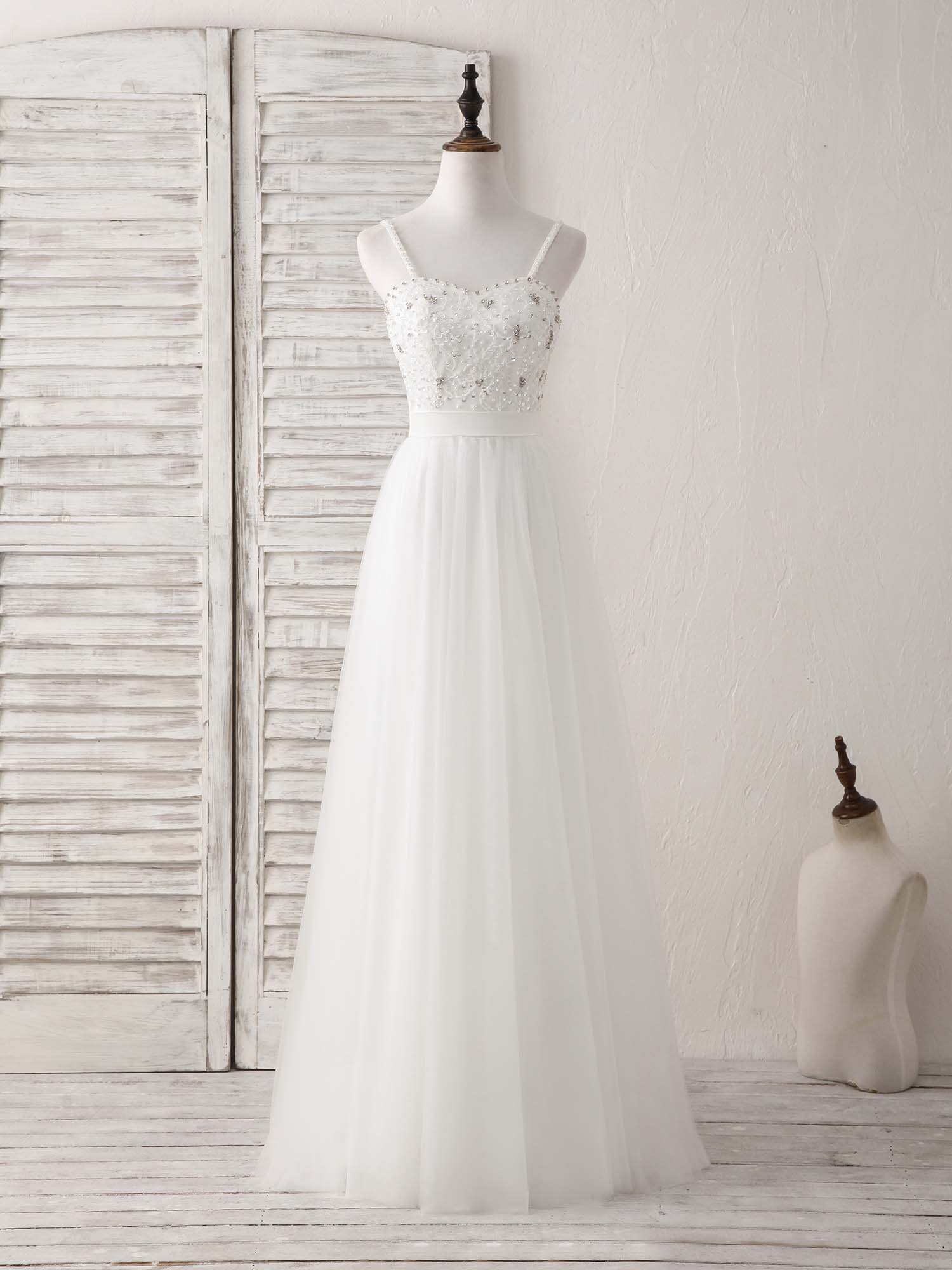 Bridesmaid Dresses Mismatched Neutral, White Sweetheart Neck Tulle Beads Long Prom Dress White Evening Dress