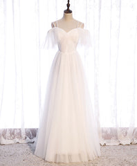 Evening Dress Maxi Long Sleeve, White Sweetheart Tulle Long Prom Dress, White Bridesmaid Dress