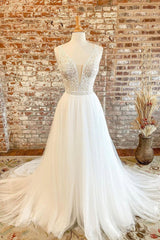 Bridesmaid Dresses Different Color, White Tulle Lace Long Prom Dress, A-Line V-Neck Formal Evening Dress