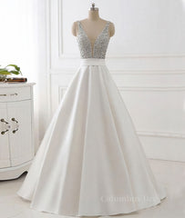 Evening Dresses 03, White v neck beads sequin long prom dress, white evening dress