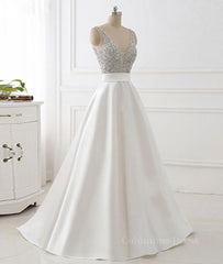 Evening Dresses For Over 43S, White v neck beads sequin long prom dress, white evening dress