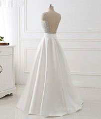 Evening Dresses For Over 43, White v neck beads sequin long prom dress, white evening dress