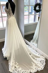 Prom Dresses Stores Near Me, White v neck chiffon lace long prom dress, white evening dress