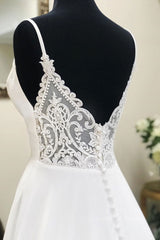 Prom Dress For Teens, White v neck chiffon long prom dress, white lace evening dress