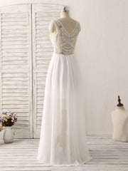 Girlie Dress, White V Neck Chiffon Long Prom Dresses, White Long Evening Dresses