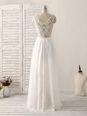 Prom Outfit, White V Neck Chiffon Long Prom Dresses, White Long Evening Dresses