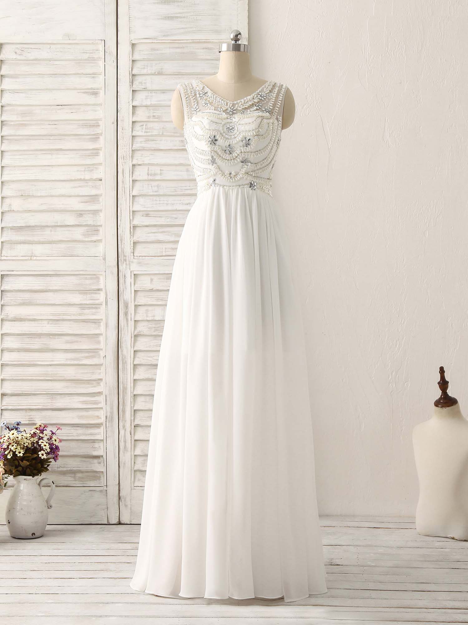 Aesthetic Dress, White V Neck Chiffon Long Prom Dresses, White Long Evening Dresses