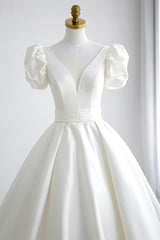 Prom Dress Tulle, White V-Neck Satin Long Prom Dress, A-Line Short Sleeve Formal Dress