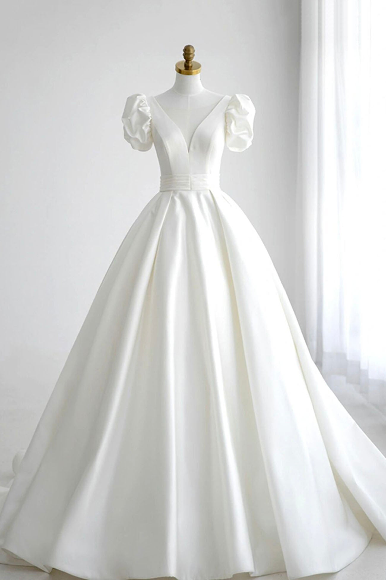 Prom Dress With Sleeve, White V-Neck Satin Long Prom Dress, A-Line Short Sleeve Formal Dress