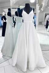 Prom Dress Outfits, White v neck satin long prom dress white evening dress