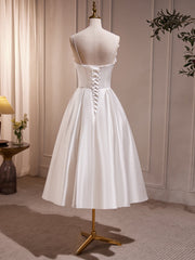 Homecoming Dresses Long, White V Neck Satin Tea Length Prom Dress, White Formal Dress With Beading