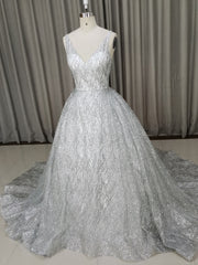Bridesmaid Dresses, White V Neck Sequin Tulle Long Prom Dress White Tulle Evening Dress