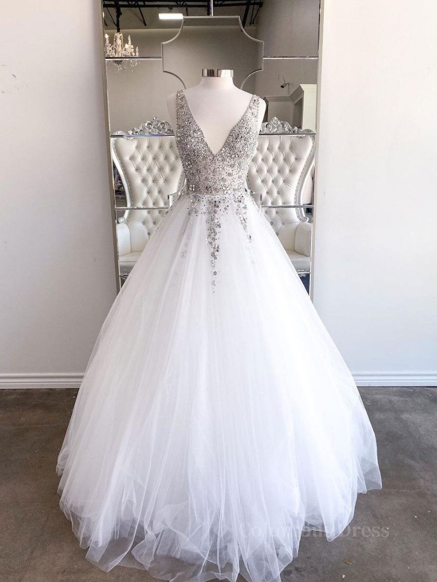 Homecomming Dress Vintage, White v neck tulle beads sequin long prom dress white evening dress