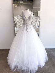 Homecomming Dress Vintage, White v neck tulle beads sequin long prom dress white evening dress