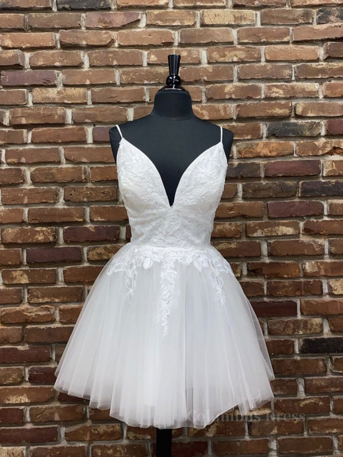 Homecoming Dresses Bodycon, White v neck tulle lace short prom dress, white homecoming dress