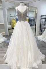 Prom Dress 2017, White v neck tulle long prom dress white tulle formal dress