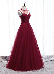 Party Dress Pink Dress, Wine Red Beaded Straps Party Dress Prom Dress, Beaded Tulle Formal Dress