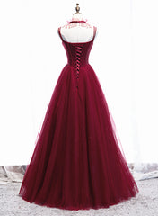 Party Dress With Glitter, Wine Red Beaded Straps Party Dress Prom Dress, Beaded Tulle Formal Dress