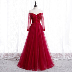 Formal Dress For Graduation, Wine Red Long Sleeves Beaded Tulle Evening Gown, A-line Wine Red Long Prom Dress