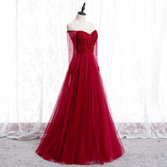 Formal Dresses Floral, Wine Red Long Sleeves Beaded Tulle Evening Gown, A-line Wine Red Long Prom Dress