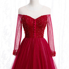 Formal Dresses To Wear To A Wedding, Wine Red Long Sleeves Beaded Tulle Evening Gown, A-line Wine Red Long Prom Dress