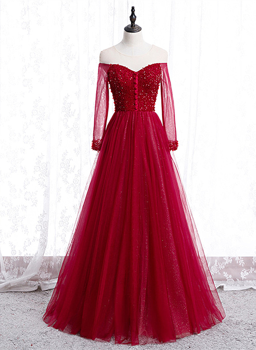 Formal Dress For Teens, Wine Red Long Sleeves Beaded Tulle Evening Gown, A-line Wine Red Long Prom Dress