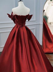 Bridesmaid Dress With Sleeve, Wine Red Satin A-line Beaded Off Shoulder Party Dress, Wine Red Prom Dress Formal Dress